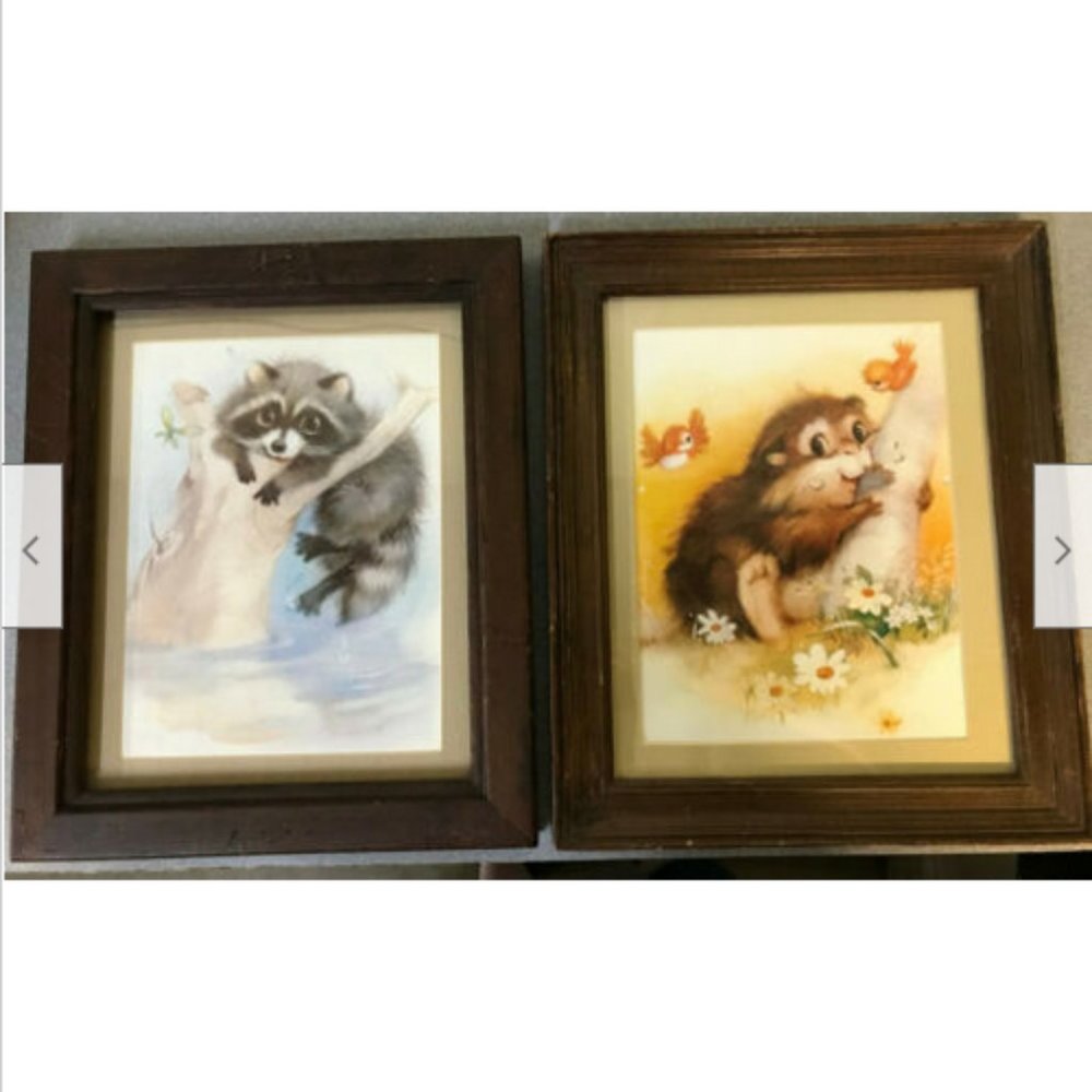 2 ART PRINTS Baby Beaver & Raccoon Nursery Child's Room Big Eye Wildlife Animals